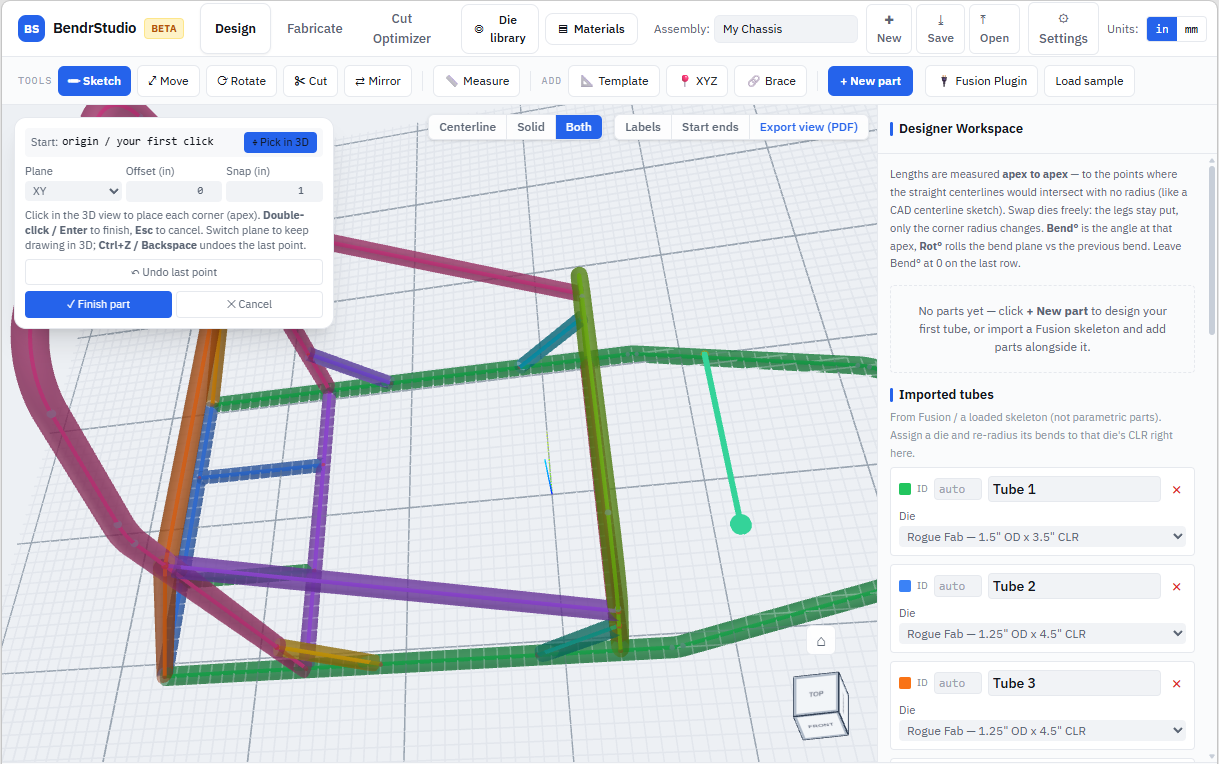 BendrStudio design workspace showing a chassis mid-design with color-coded tubes