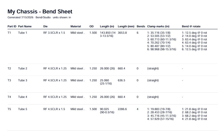 Exported PDF bend sheet, a per-tube bend card